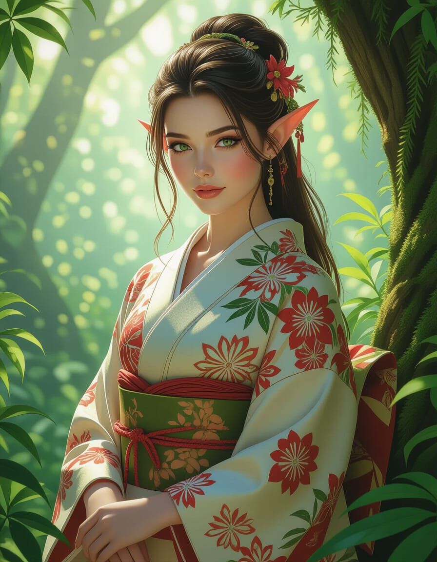 Elf Woman in Kimono in Photorealistic Digital Art