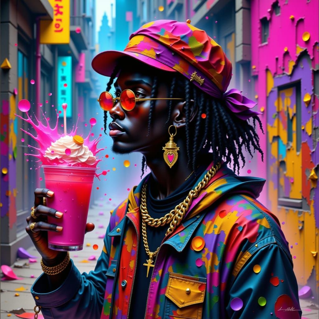 Gangster Rapper with Smoothie in Neon Urban Art Style