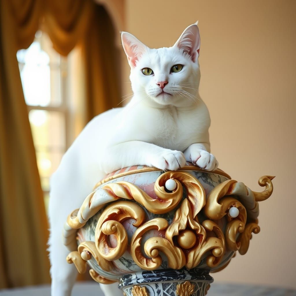 Regal White Cat Reigns Supreme in Art Deco Style