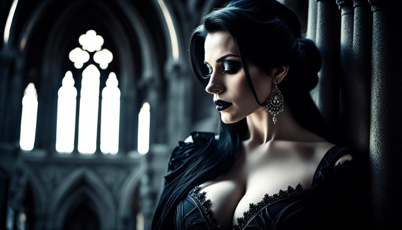 Dramatic Gothic Cathedral Portrait of Kneeling Woman