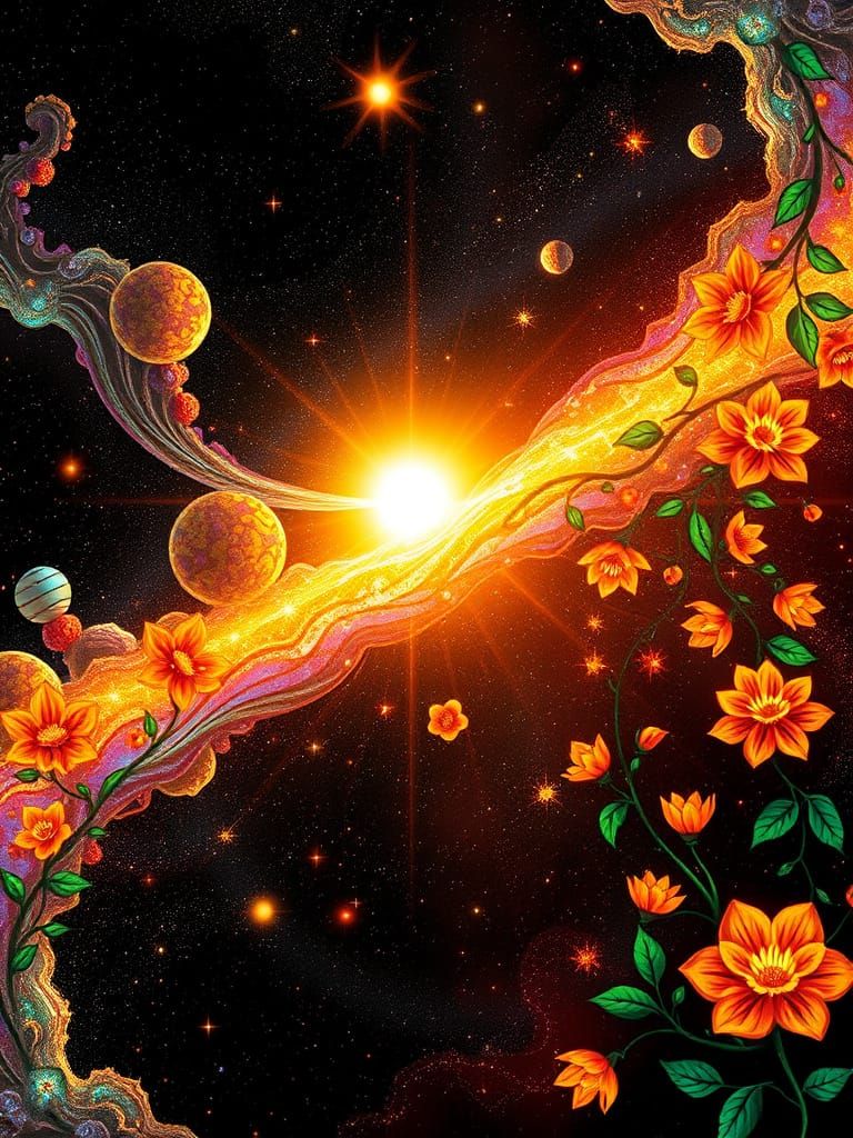 Galactic Stained Glass Universe in Art Nouveau Style