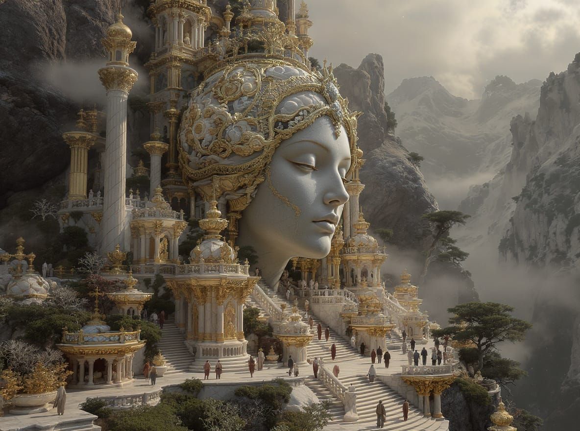 Ivory and Gold Temple Cascading Down Mountainside