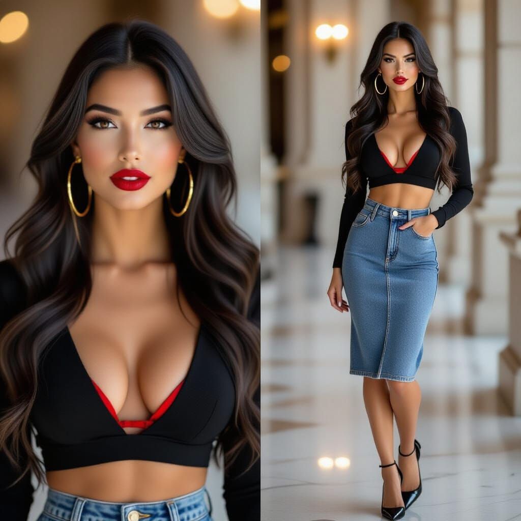 Stylish Woman in Chic Outfit with Golden Hoops