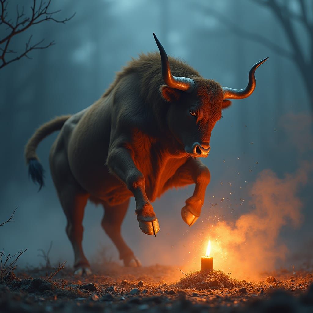 Majestic Bull Rearing Around Burning Candle