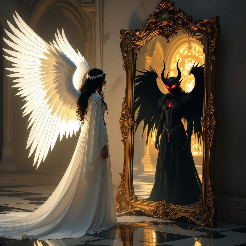 Angelic Figure Mirrored by Demonic Reflection