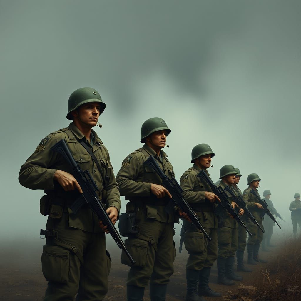 Gritty Military Realism in a Misty Landscape