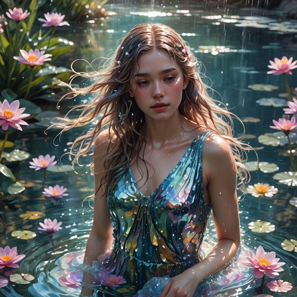 Girl in Water Dress: Hyperrealistic Aquatic Concept Art