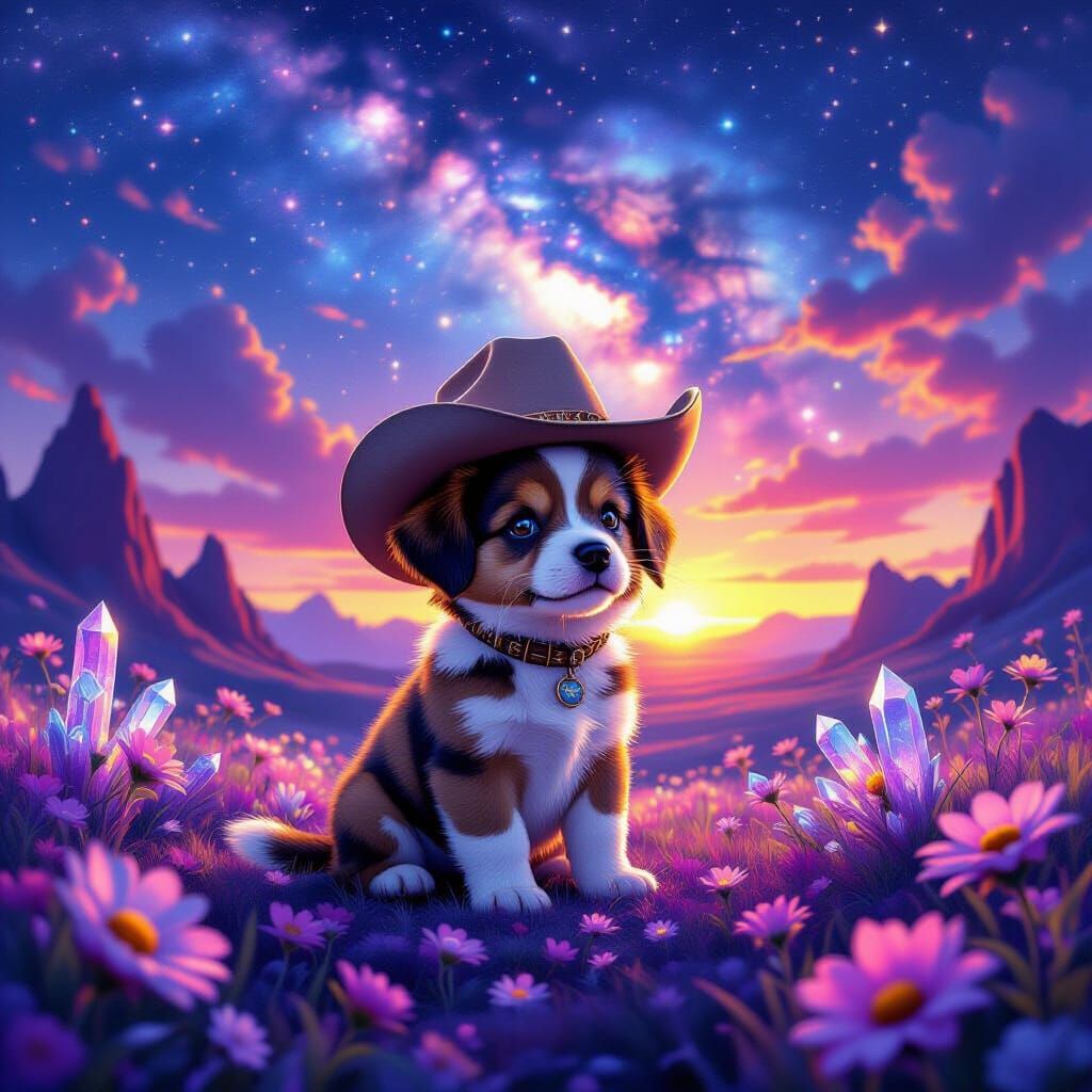 Puppy in Cowboy Hat on Alien Planet at Sunset