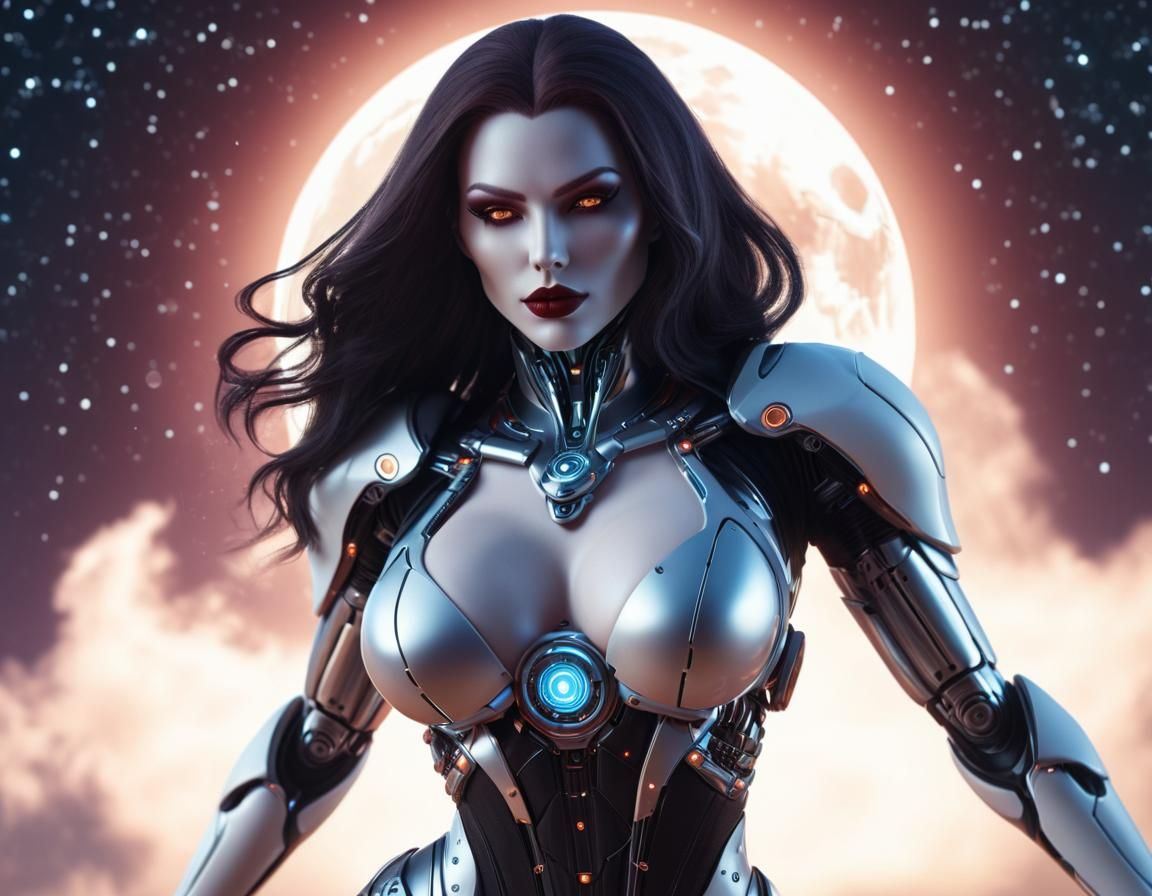 Female Cyborg Vampire surrounded by an evening sky.