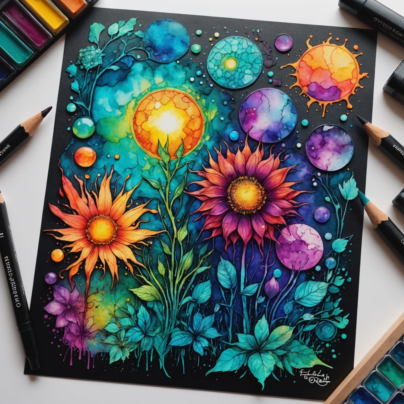 Fantastical Alcohol Ink Collage with Holographic Highlights