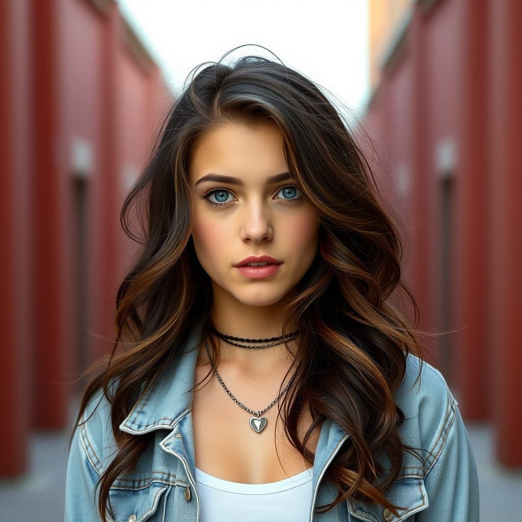 texan style teenage woman has long wavy dark brown hair blue...