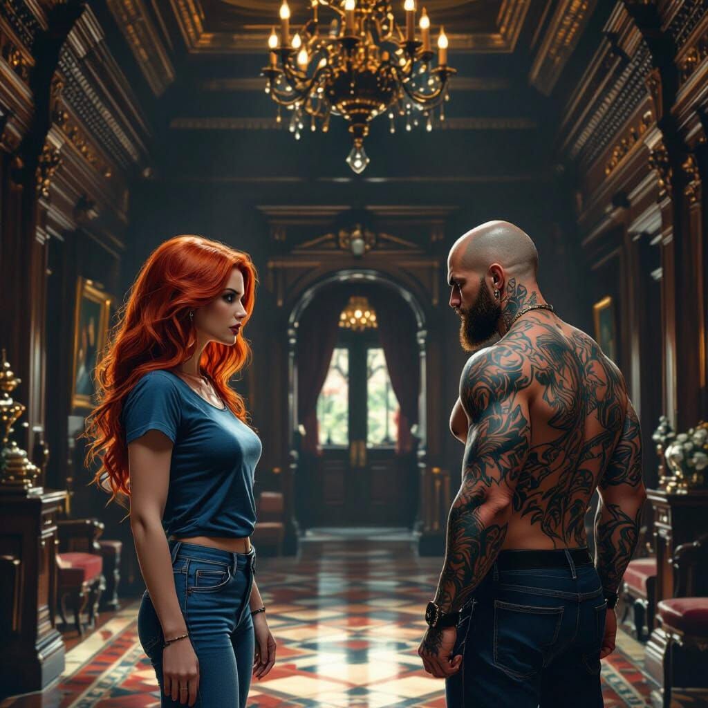 Victorian Hall Confrontation: Red-Haired Woman and Tattooed ...