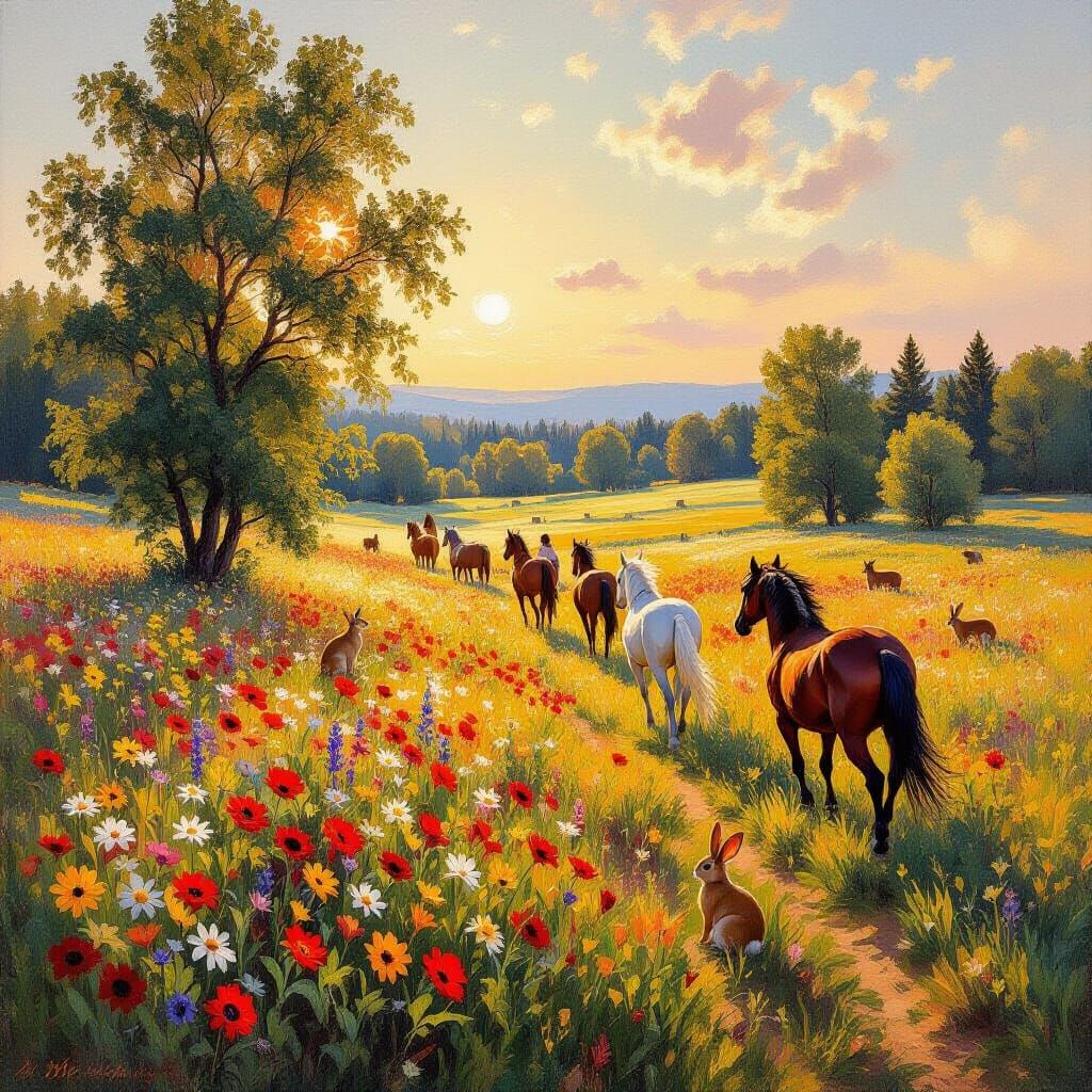 Vibrant Meadow With Horses And Animals In Golden Hour Light