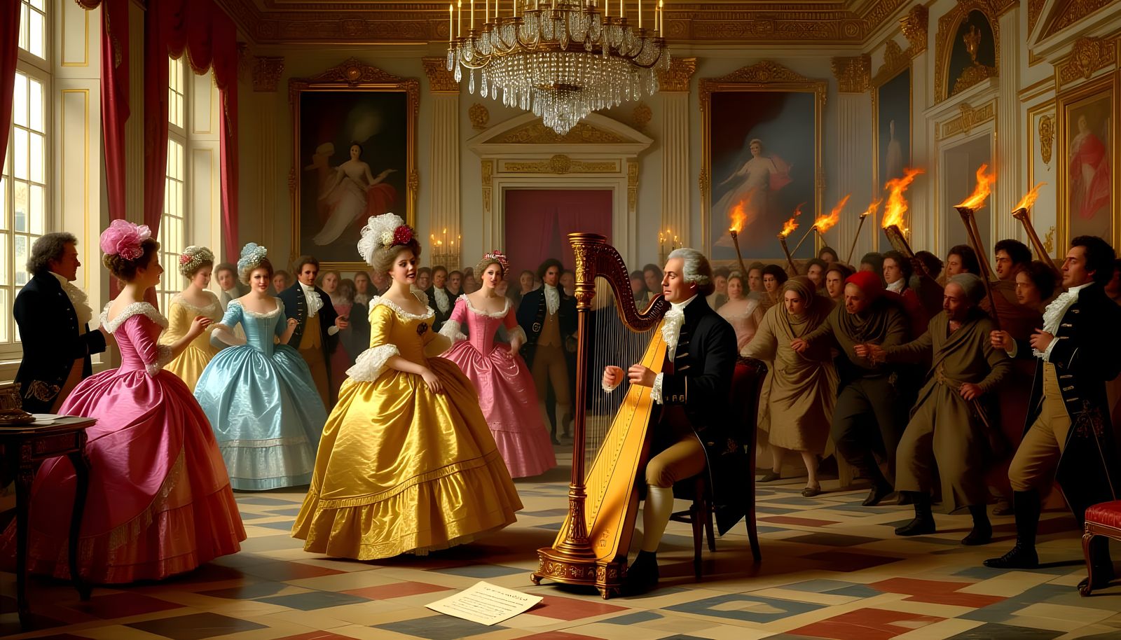 Rococo Ball with Civil Unrest, in Fragonard Style