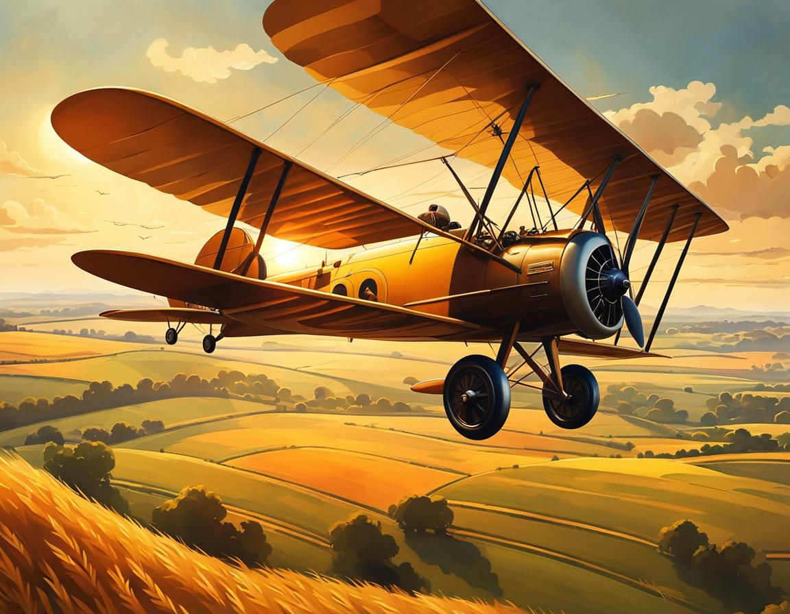 1918 Biplane Over French Countryside in Golden Hour