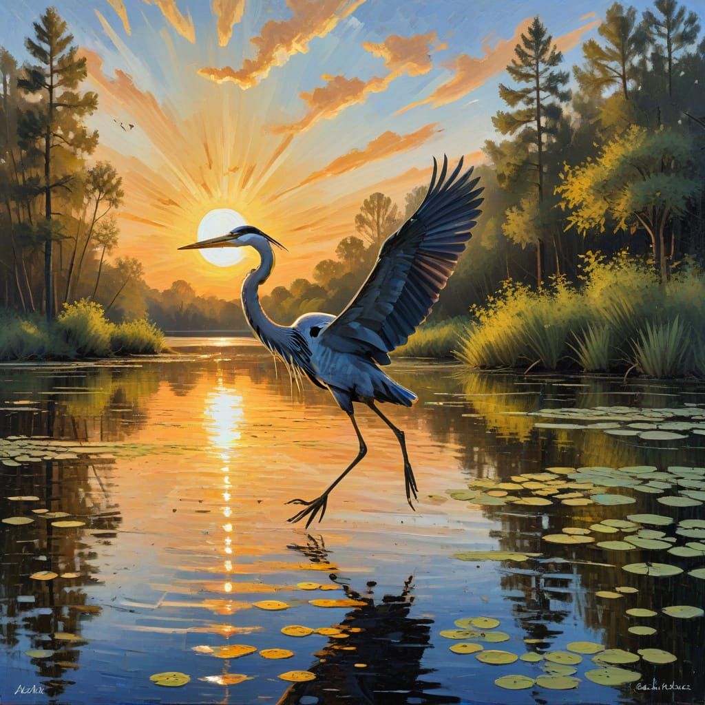 Heron at Sunset on Forested Lake