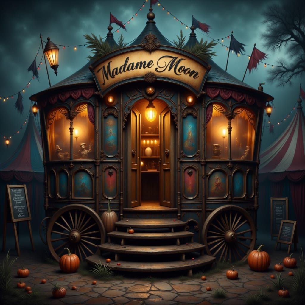 Vintage Circus Fortune Teller Wagon at Night
