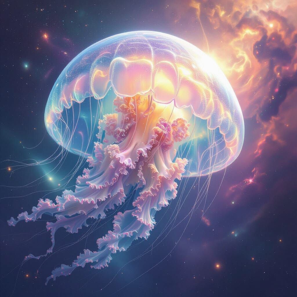 Bioluminescent Jellyfish Drifting Through Nebula