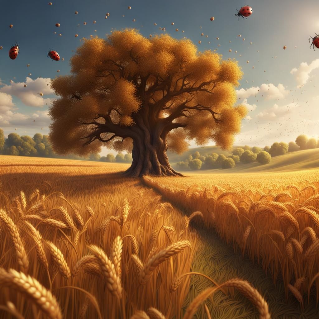 Golden Wheat Field with Oak Tree, Fantasy Art