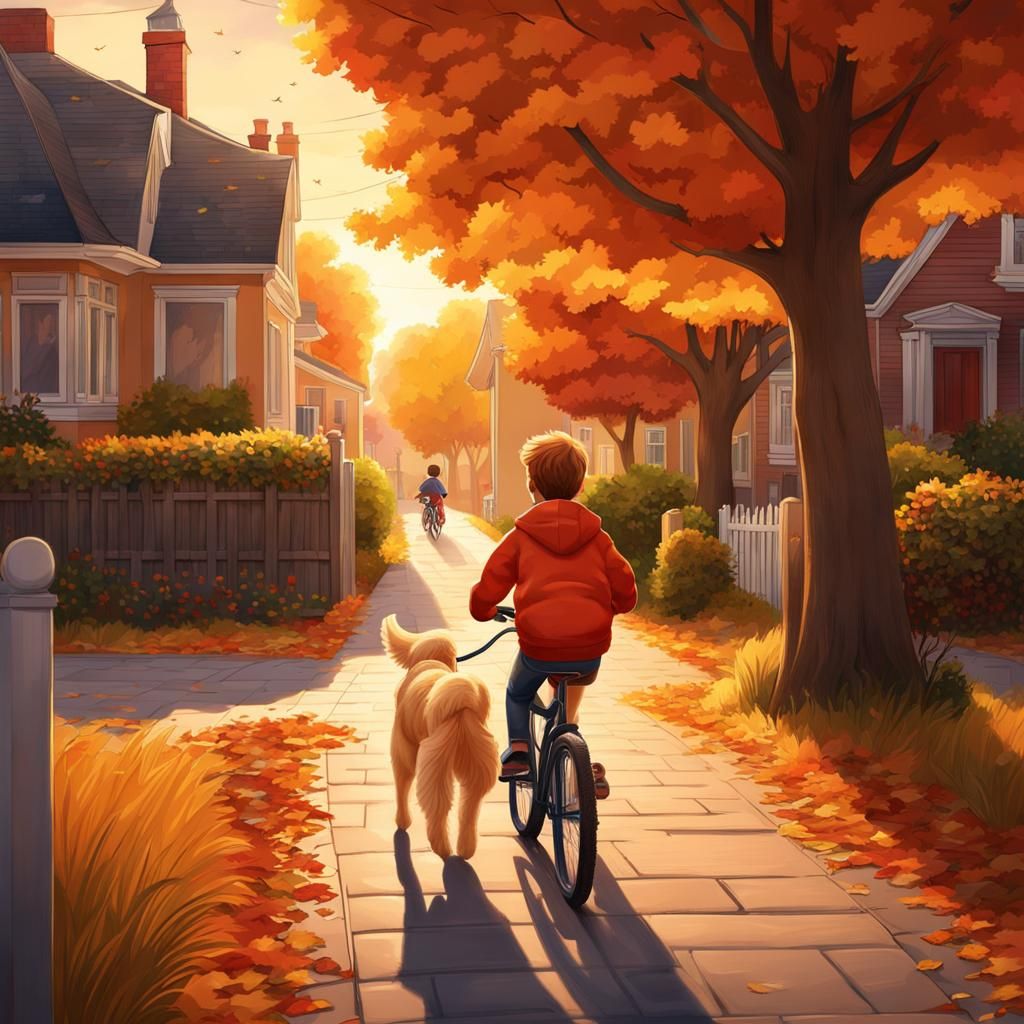 Boy and Dog Bike Ride in Autumn Colors