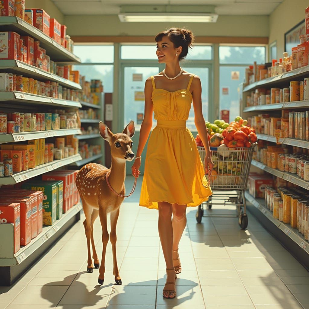 Vintage Audrey Hepburn Shopping with Pet Fawn in California...