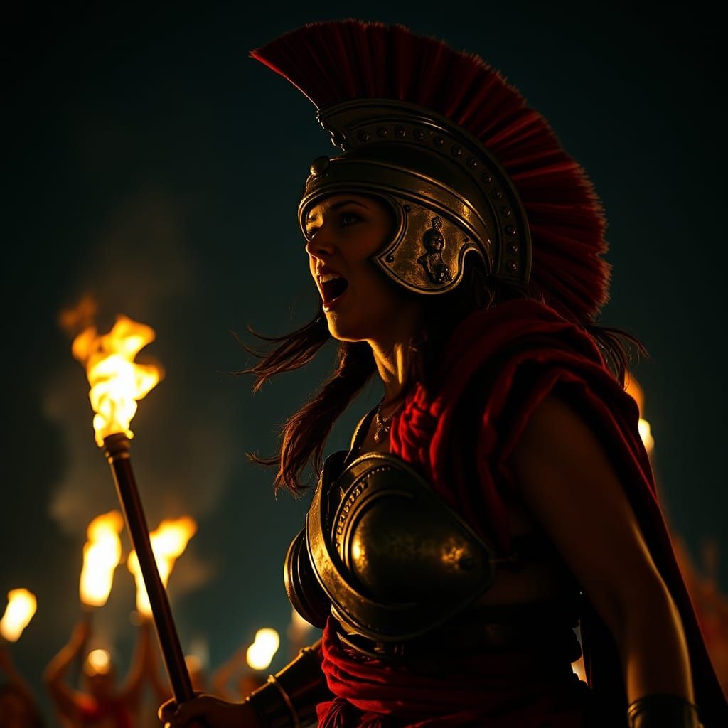 Furious Roman Centurion in Dark, Torch-Lit Night