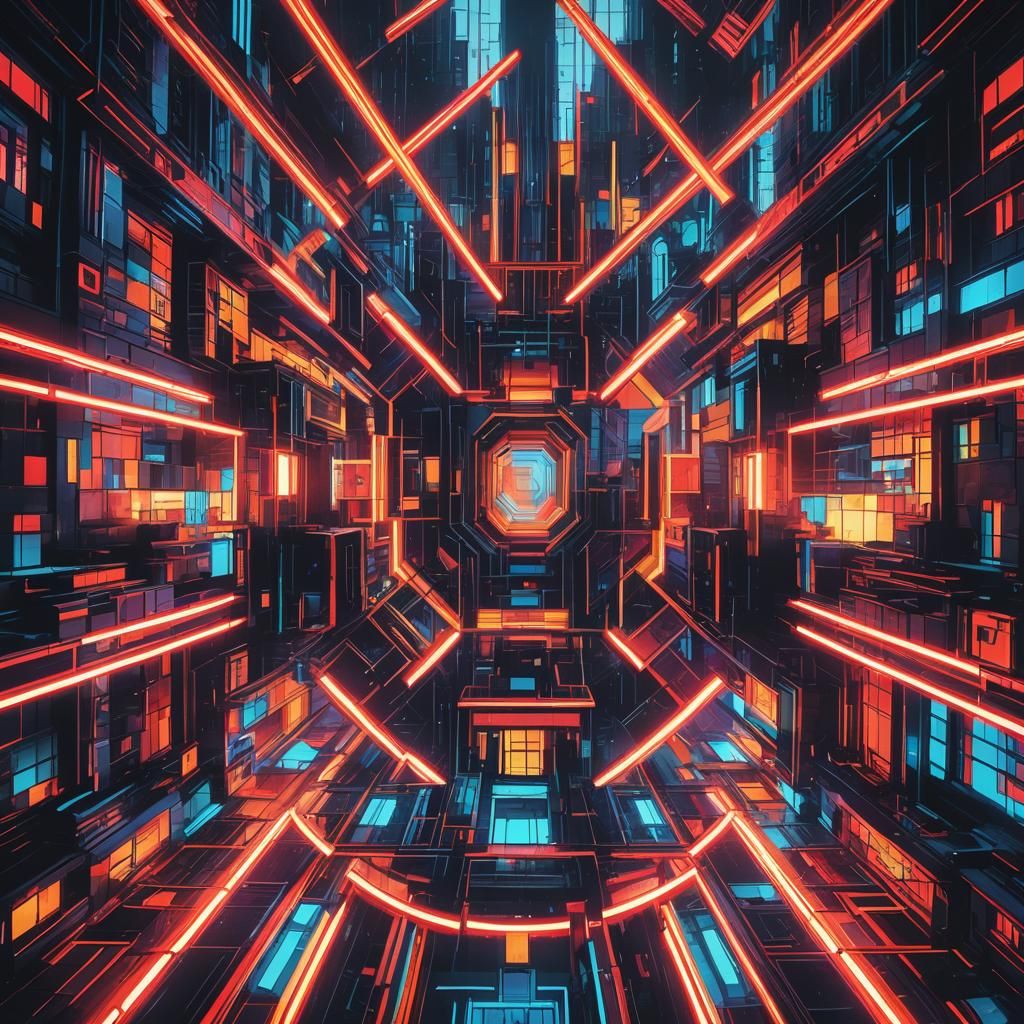 Geometric Bauhaus Cityscape with Cyberpunk Undertones