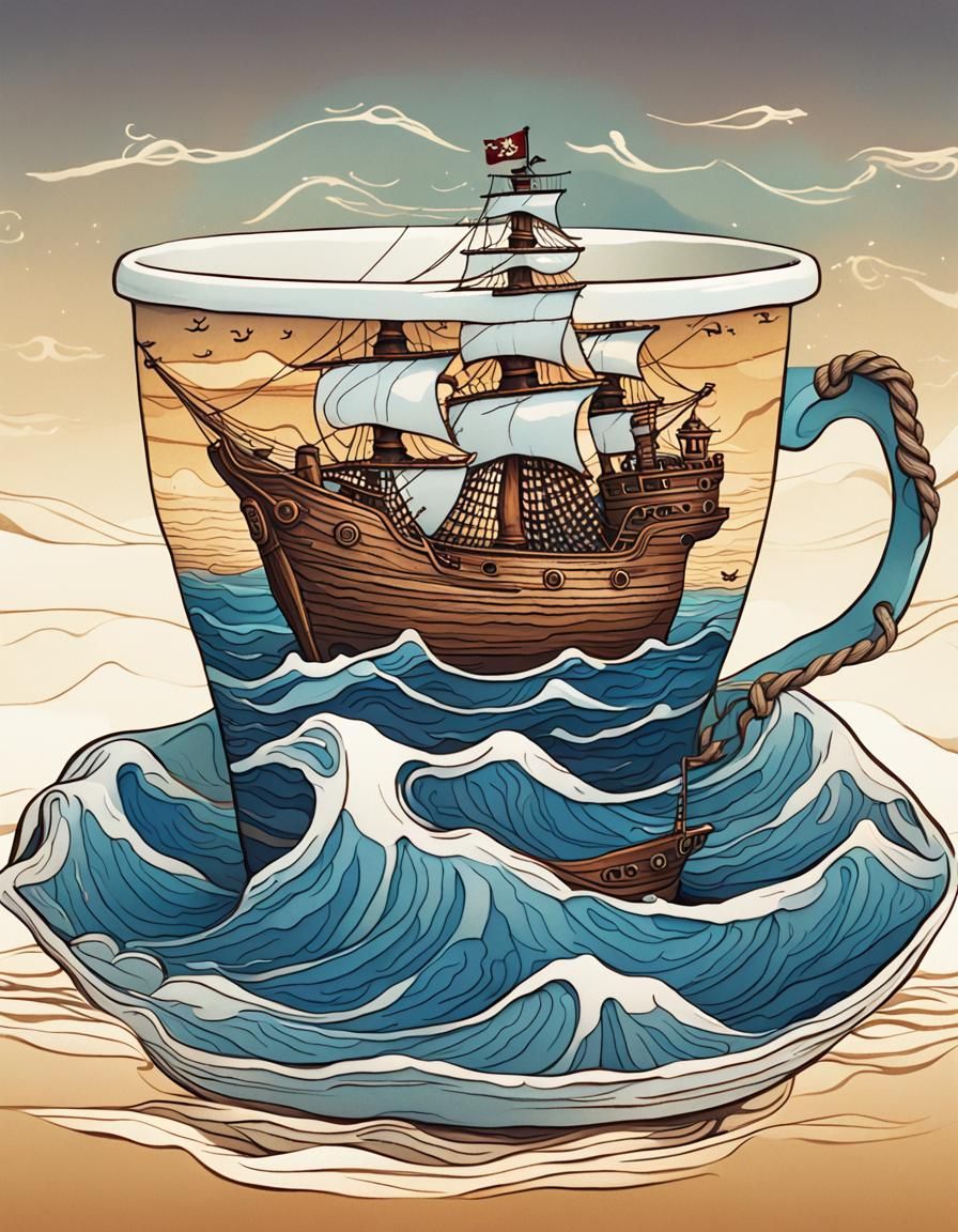 Pirate Ship Sailing a Sea in Porcelain Cup