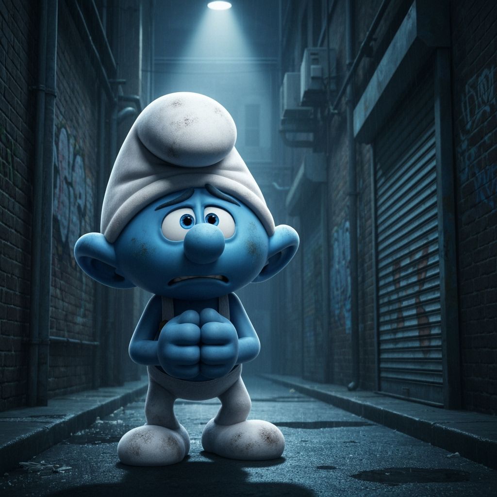 Troubled Smurf in Dark Alley: Gritty Realism