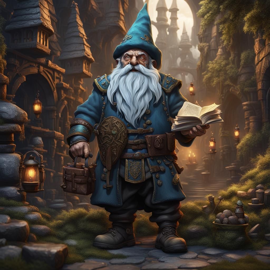 Gnomish Dark Fantasy Scroll Merchant in a Dreamy Realm