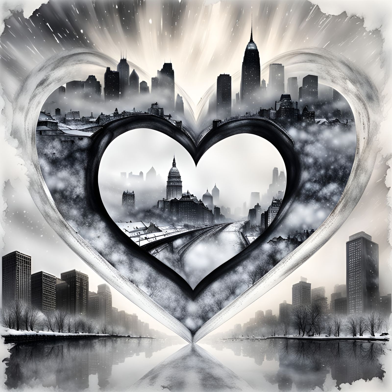 Winter Storm Heart in Ink Wash Style