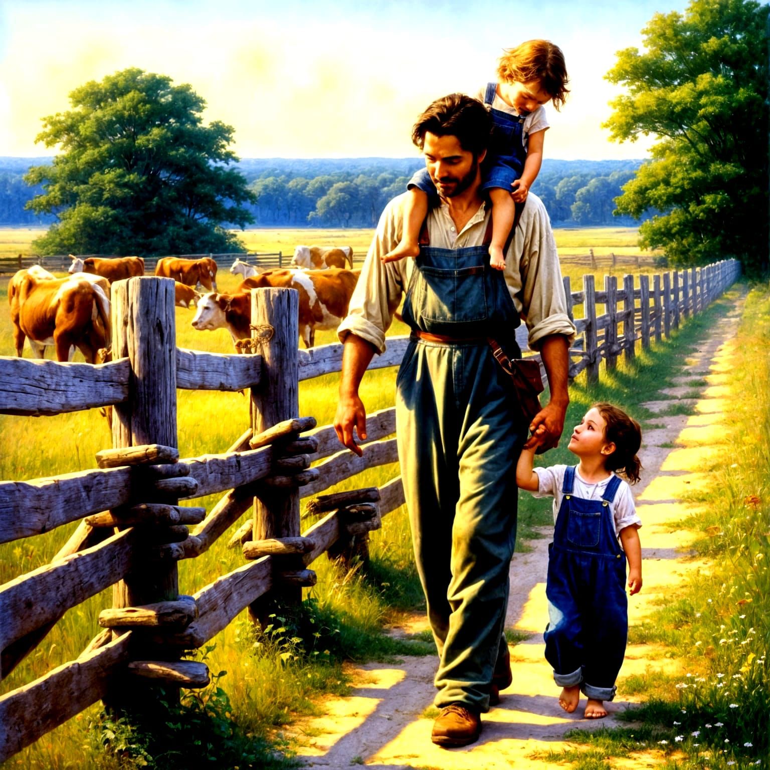 Father gives his (little girl wearing overalls) a ride on his shoulders.  They walk along a fenceline to a cow pasture.