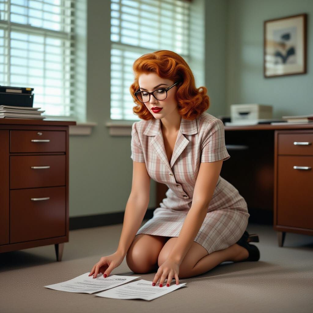 1950s Office Scene with Redhead Woman and Vintage Details