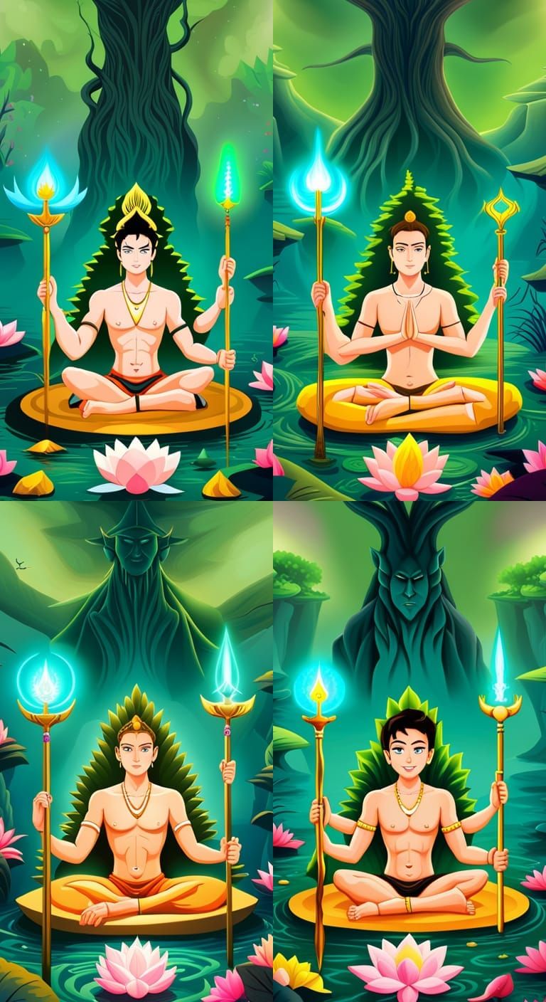 Yoga God with Trident in Jungle Lotus Pond Anime Art