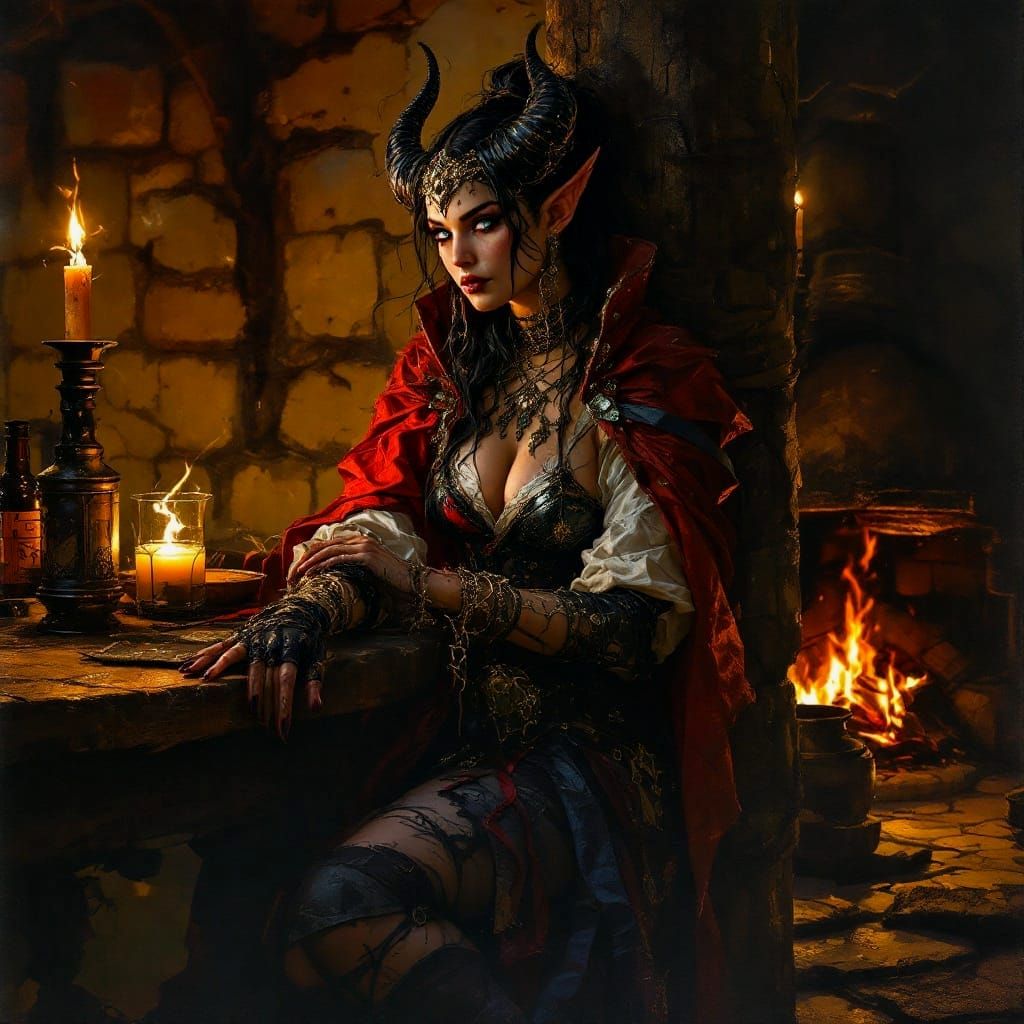 Tiefling Bard Wizard in Tavern Hearth, Dark Fantasy Style