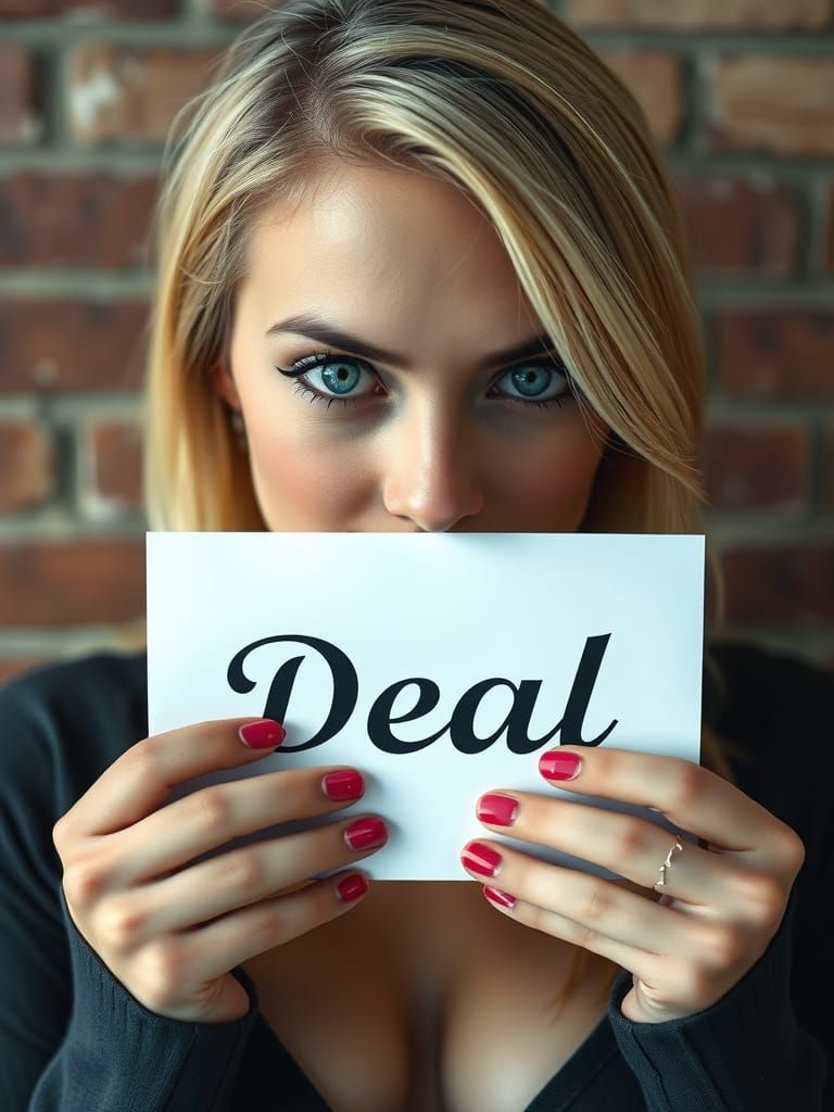 Attractive Blonde Holds 'Deal' Sign: Photorealistic Close-up