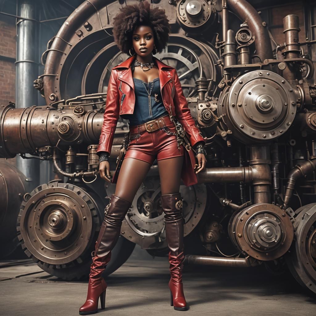 Steampunk Afro Babe in Red Leather and Boots