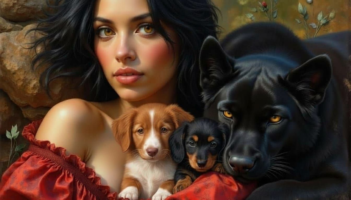 Latina Woman With Puppies and Panther, Oil Painting