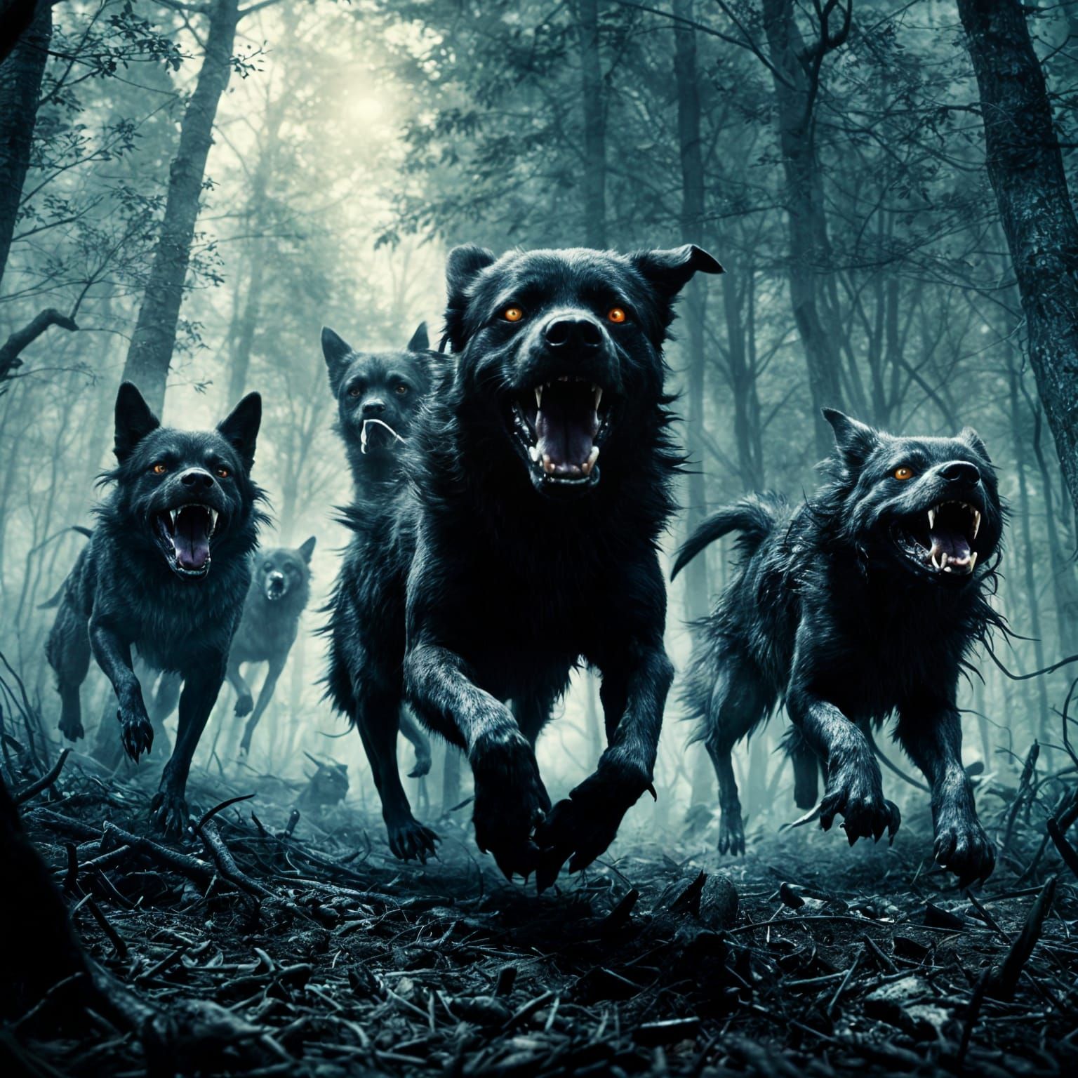 Dark Moonlit Pack of Twisted Monster Dogs in Shadowy Forest