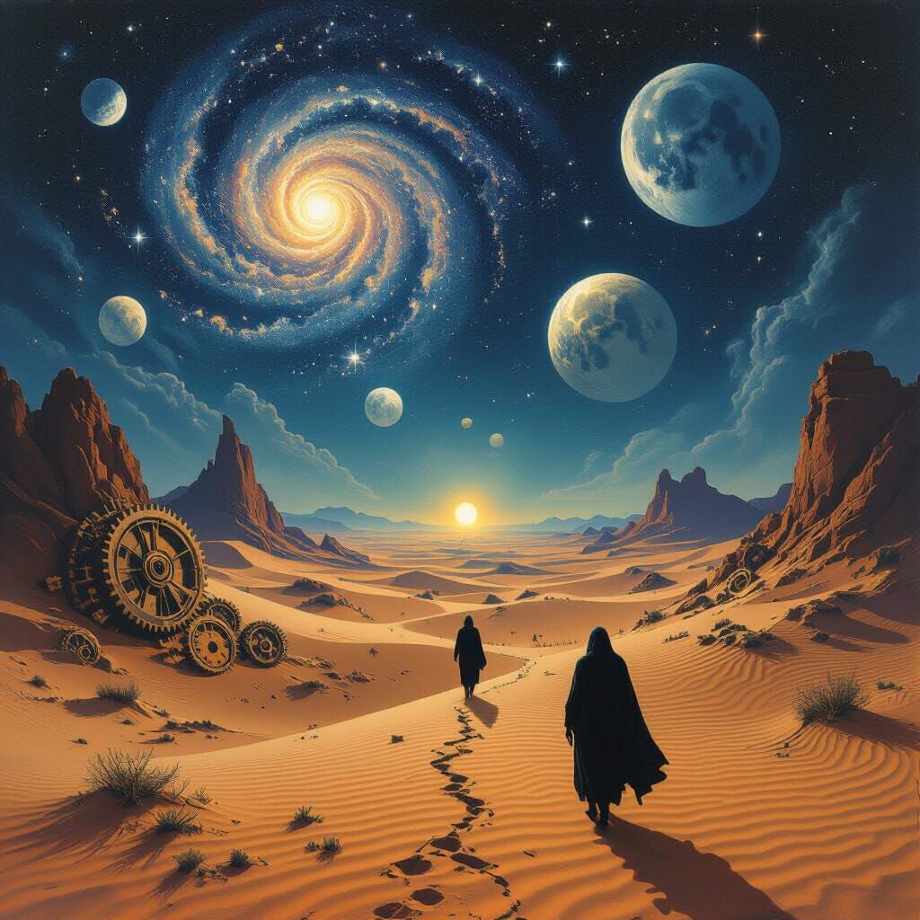 Surreal Desert Night with Clockwork and Galaxies