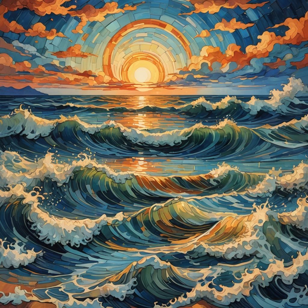 Art Deco Sunset Ocean in Post-Impressionism Style