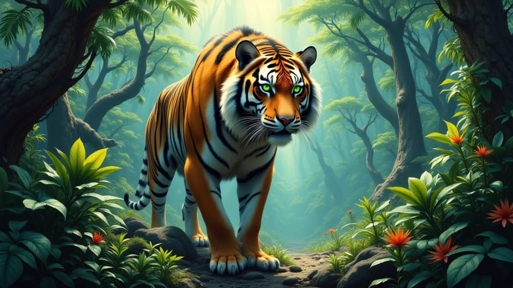 Mystic Sabre-tooth Tiger with green eyes walks through a vibrant jungle.