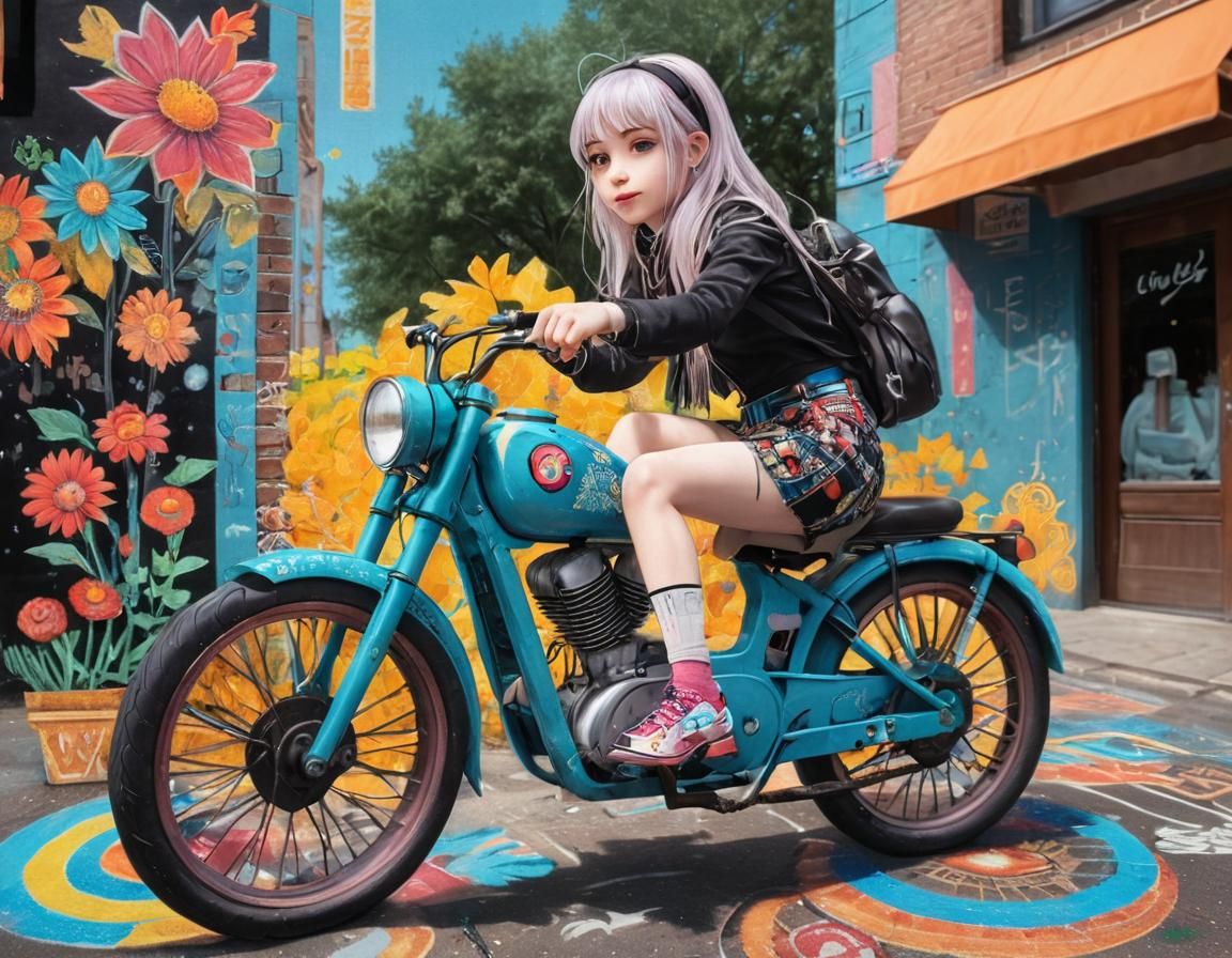 Anime Girl on Retro Bike: Vibrant Chalk Art