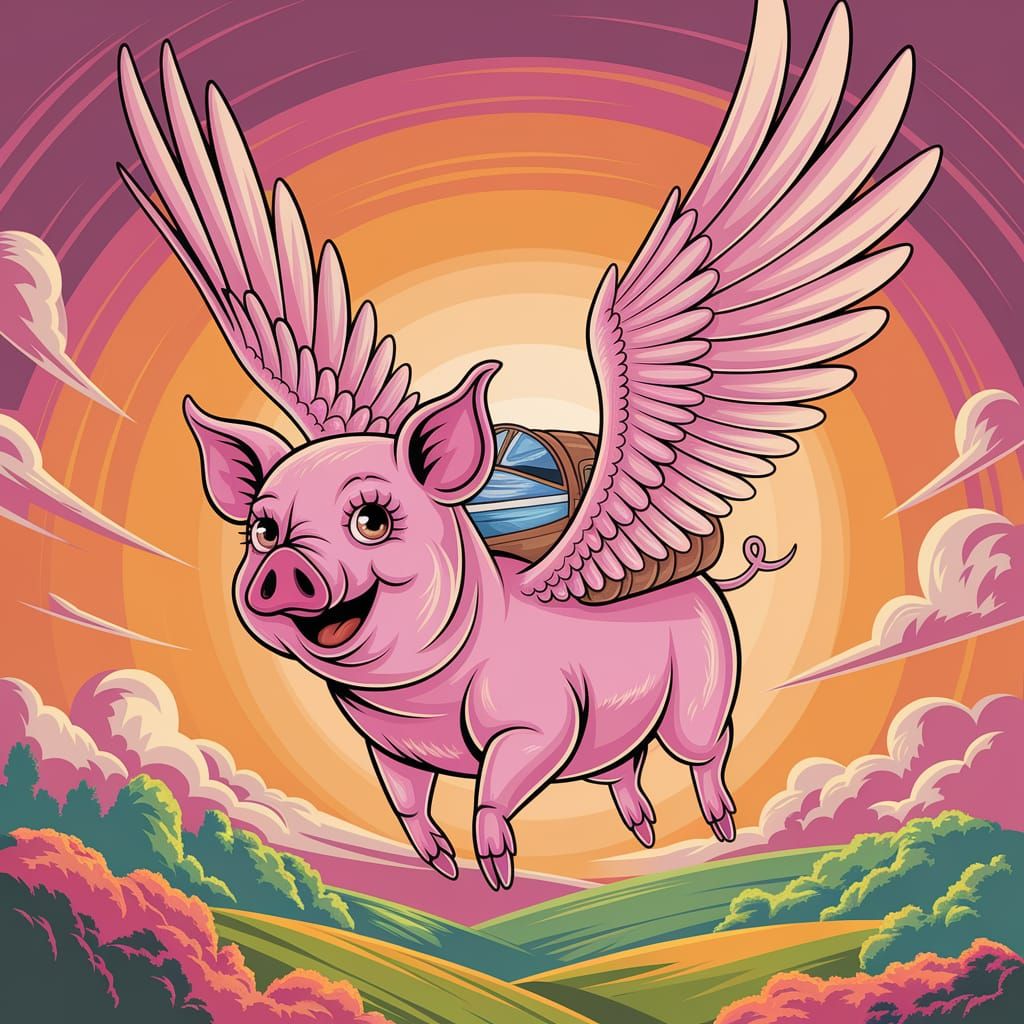 Flying Pig Soaring Through Sunset Sky