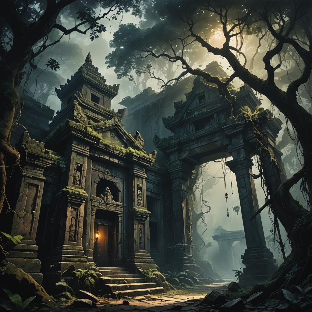 Eerie Abandoned Temple in Jungle, Dark Surrealism