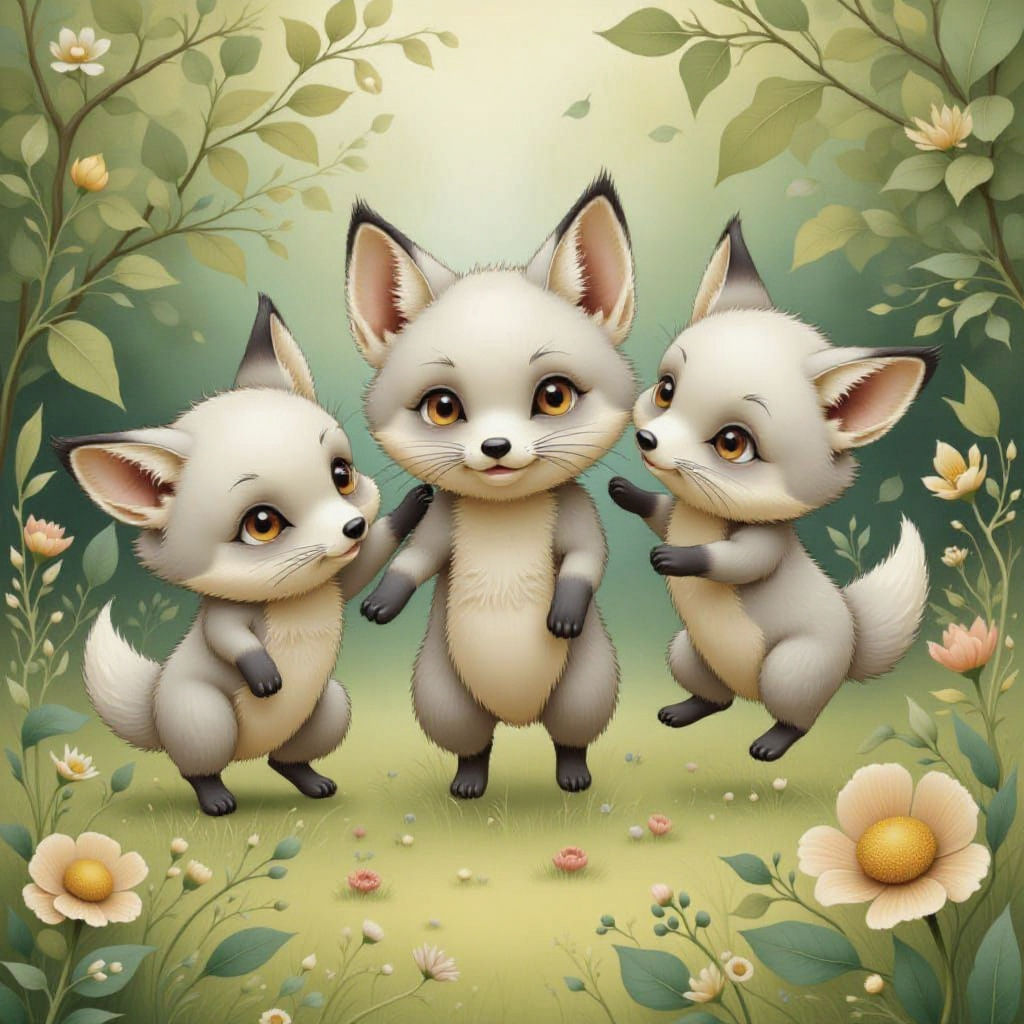 Fox Pups Play in Folk Art Nouveau Forest