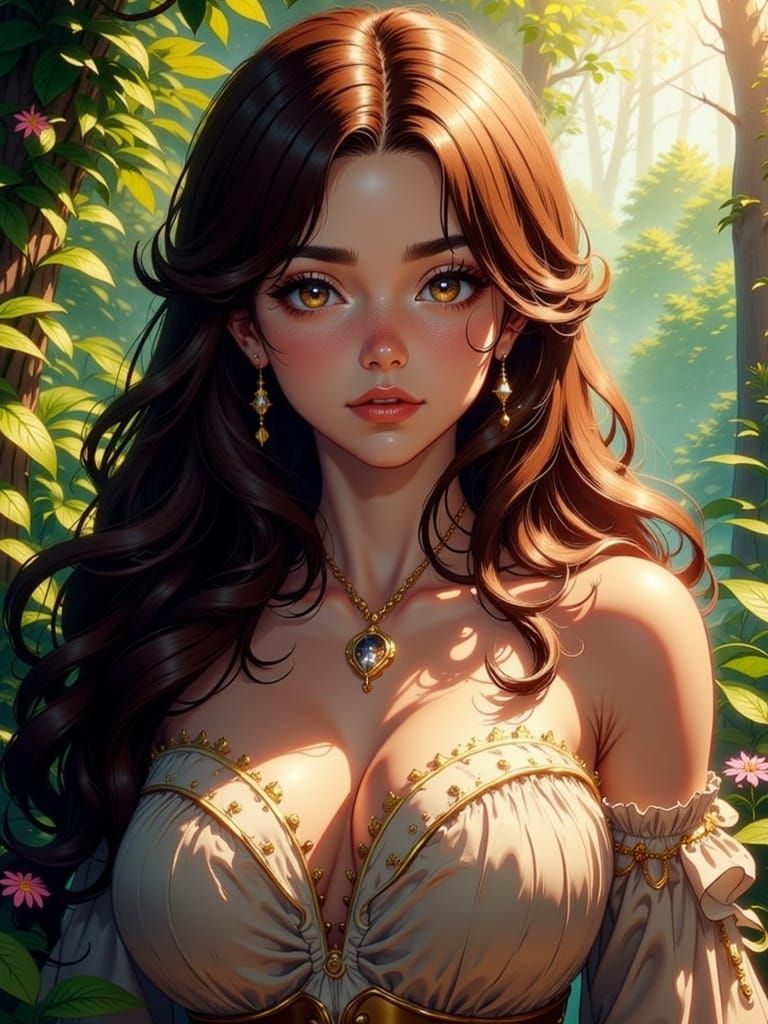 Freckled Princess in Pastel Garden, Anime-Realism Portrait