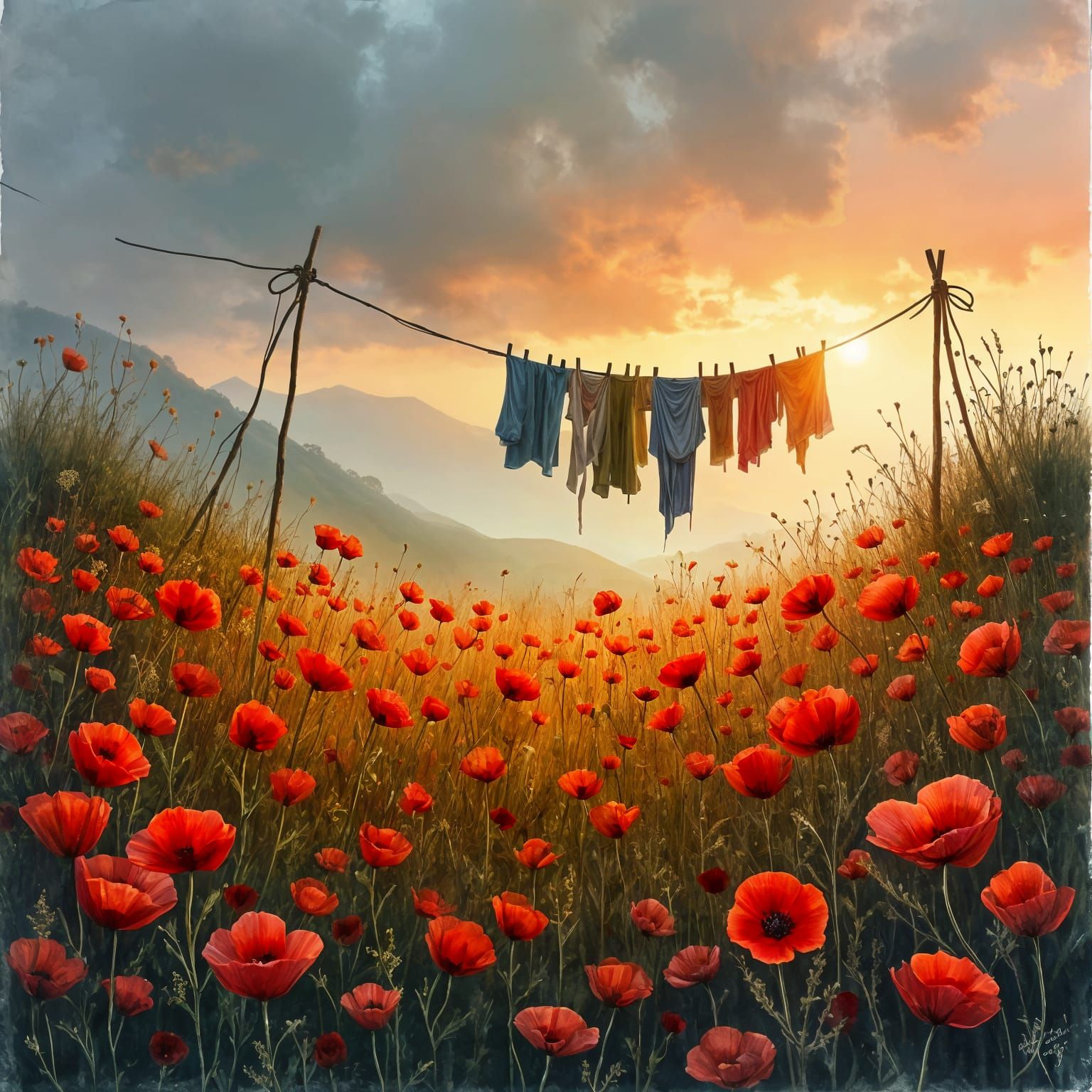 Poppy Field Laundry in Watercolor Sunset