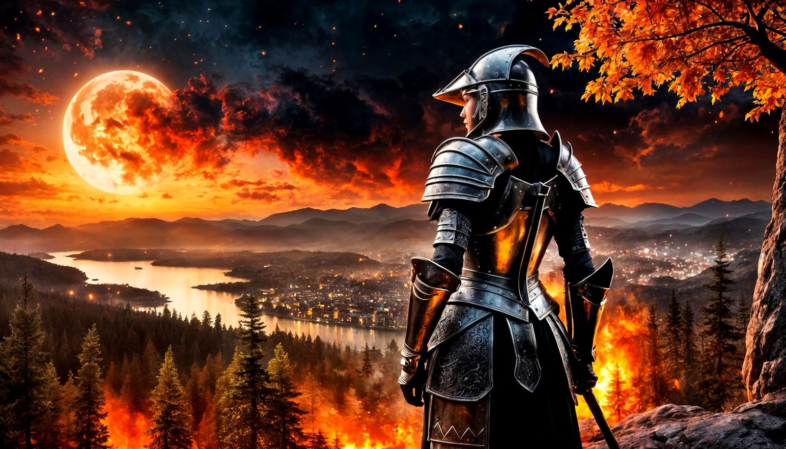 Fantasy Warlord Oversees Burning City, Digital Art