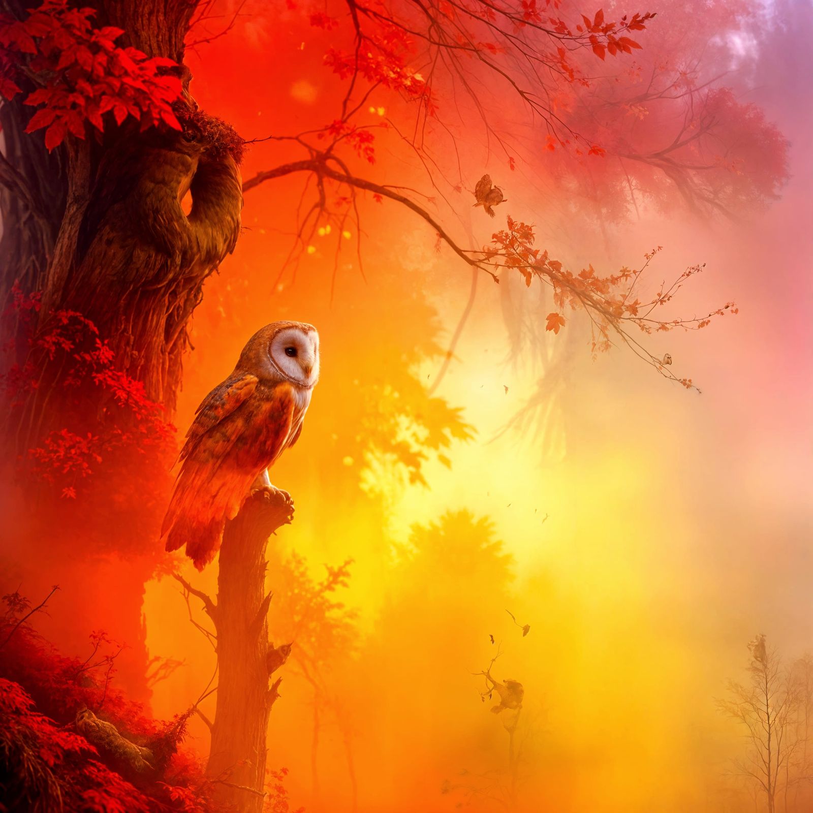 Majestic Barn Owl in Autumn Forest, Fantasy Realism